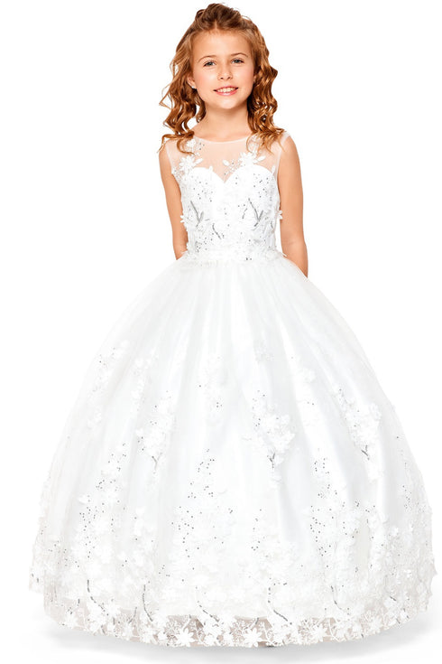 Little Girls Off White 3D Floral Applique Lace Sequin Flower Girl Dress 2-6